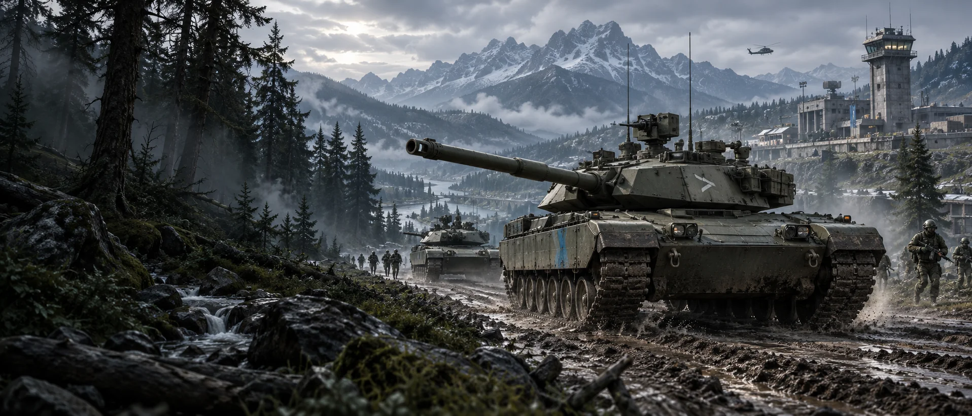 USA heavy armor advancing toward a mountain base