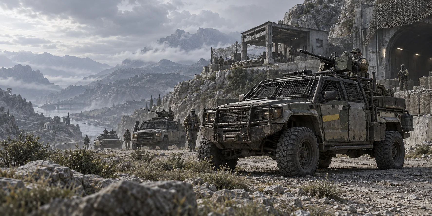 Liberation Front technicals near a rocky tunnel outpost